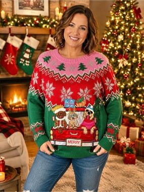 Ugly Christmas Sweater Holiday Time 3 Dogs In A Truck Women’s Size XXL